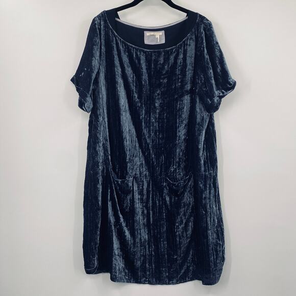 Anthropologie Floreat Crushed Velvet Mini Dress Tunic Pockets Navy Blue Large - Picture 4 of 9